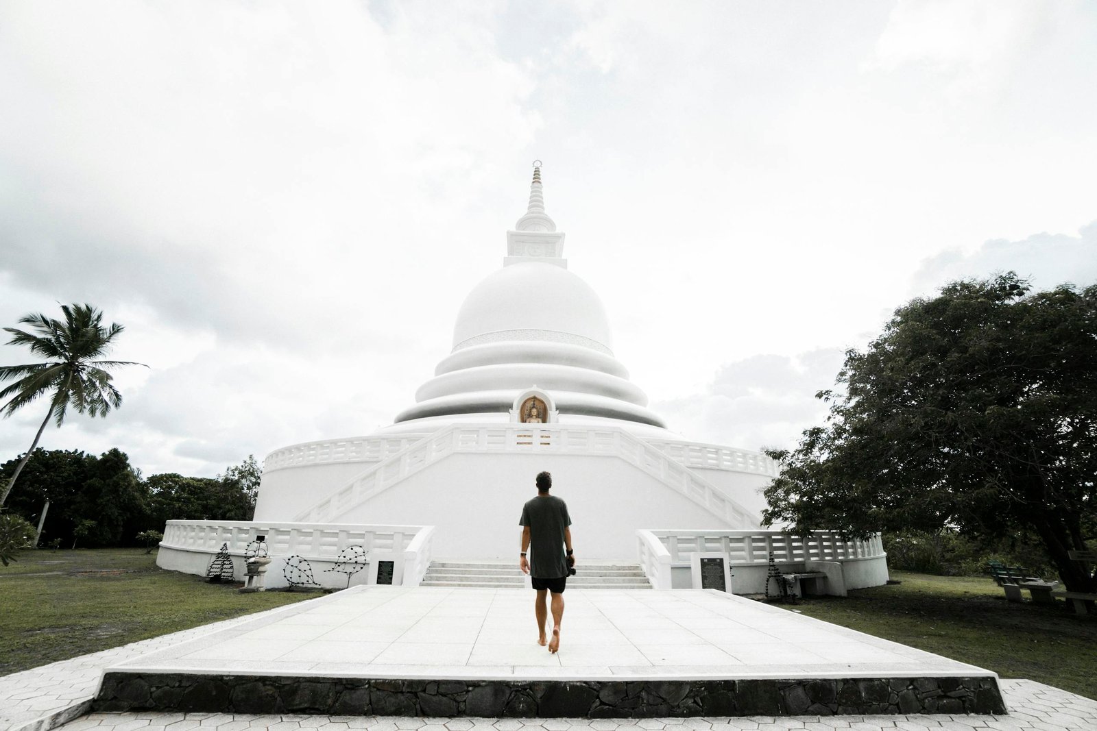 Unrecognizable man walking towards Japanese Peace Pagoda