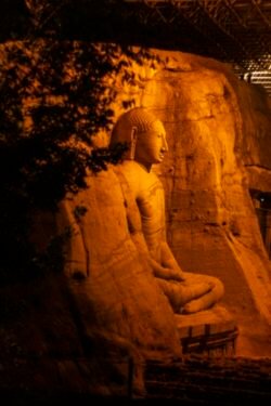 Serene image of a Buddha statue carved in rock, Polonnaruwa, at night, under warm lighting. Discover the Magic of Sri Lanka.Discover the Magic of Sri Lanka: Unforgettable Tours
