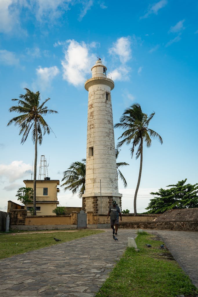 Galle Lighthouse in Sri Lanka, a historic coastal landmark at Galle Fort, during a sunny day.